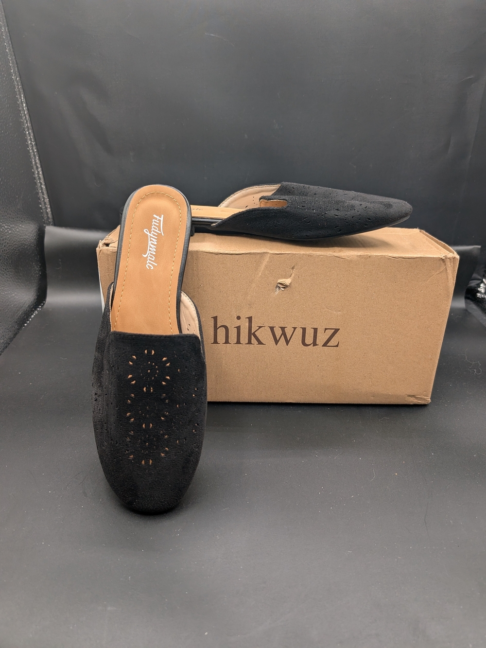 Black Slip-On Pointed Mules with Perforated Detail